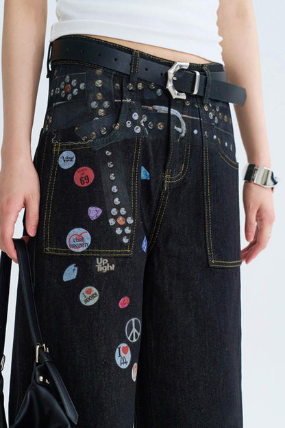 Retro Print Straight Leg Denim Pants