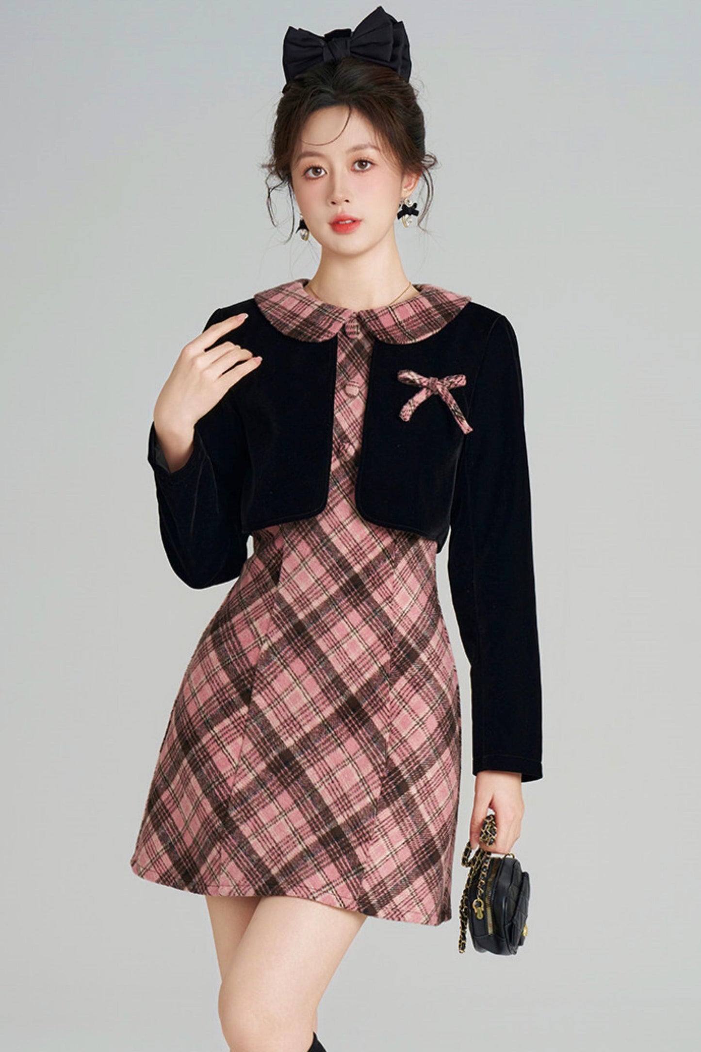 French Retro Plaid Doll Collar Dress