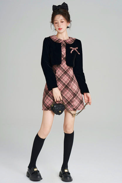 French Retro Plaid Doll Collar Dress