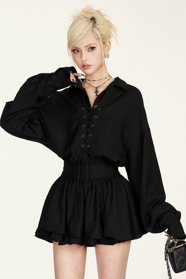 French Belt Shirt Skirt Set