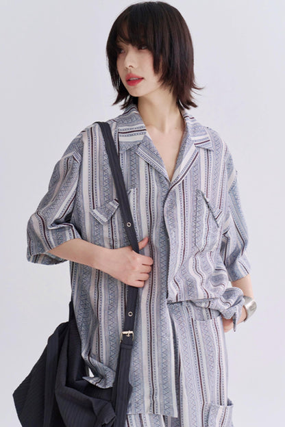 レトロプリントショートスリーブシャツセットアップ