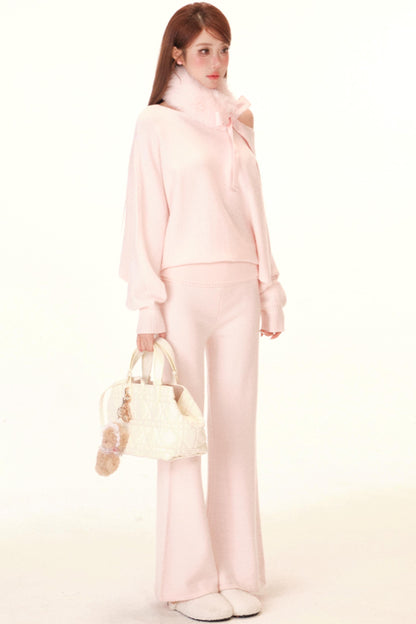 スイートオフショルダートップス+パンツ+スカーフ