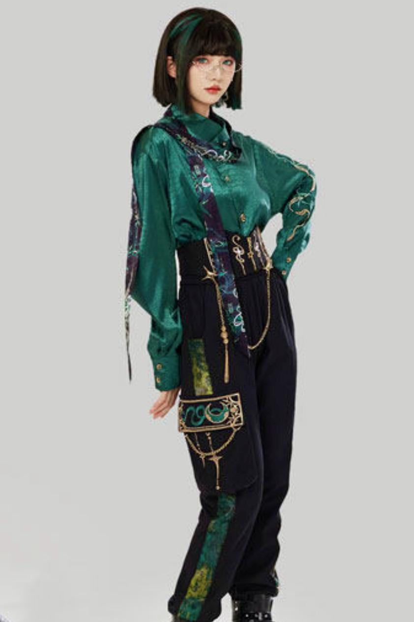 Jade Moon Dragon Embroidered Chinese Shirt + Moon Pocket Pants