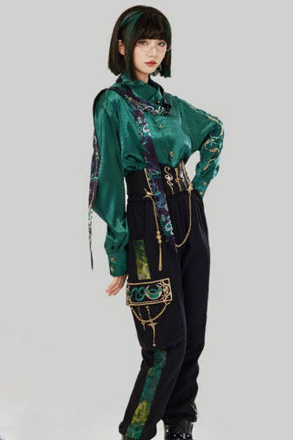 Jade Moon Dragon Embroidered Chinese Shirt + Moon Pocket Pants