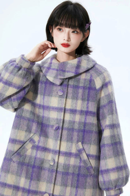 Purple Plaid Woolen Coat