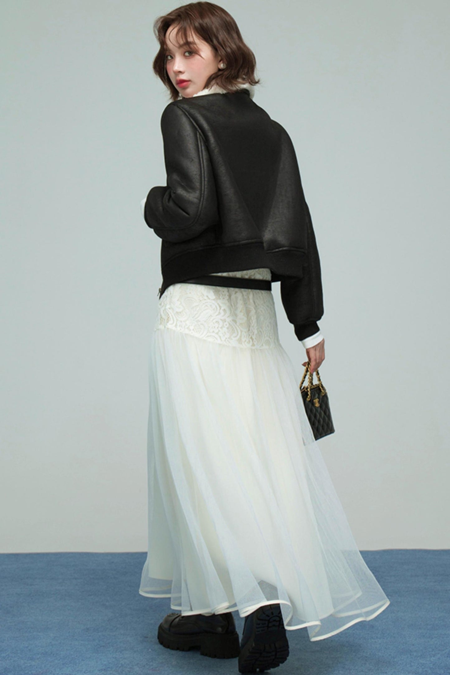 カラーブロックドシアリングコート