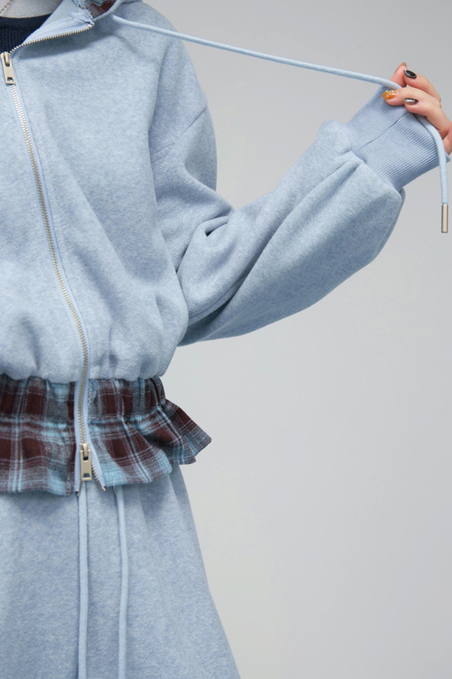 パッチワークプラッドフーデッドジャケットセットアップ