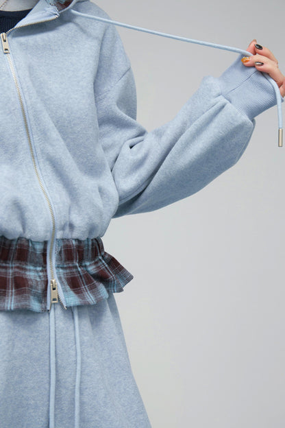 パッチワークプラッドフーデッドジャケットセットアップ