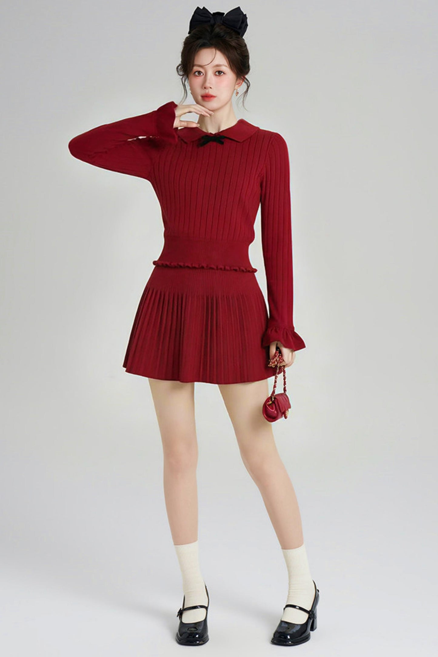 スイートレッドニットトップス+スカート