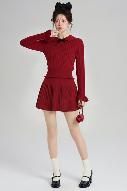 スイートレッドニットトップス+スカート