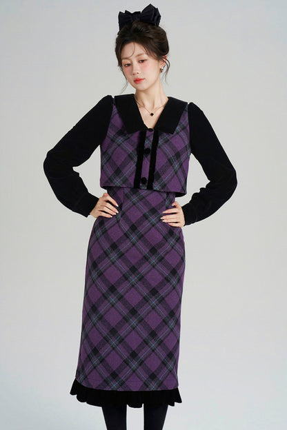 Velvet Patchwork Plaid Dress