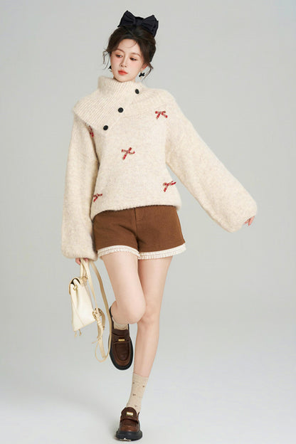 リボンフレンチニットセーター+ショートパンツ