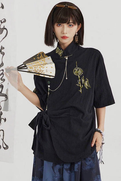 Black and Gold Oriental Ribbon Shirt + Chinese Wide-Leg Pants