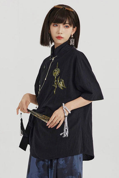 Black and Gold Oriental Ribbon Shirt + Chinese Wide-Leg Pants