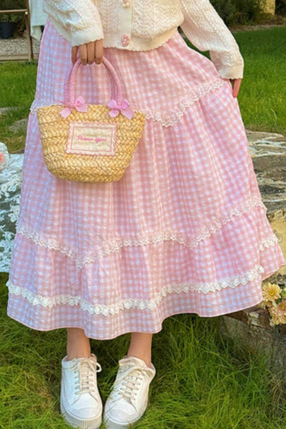 레이스 체크 롱 스커트