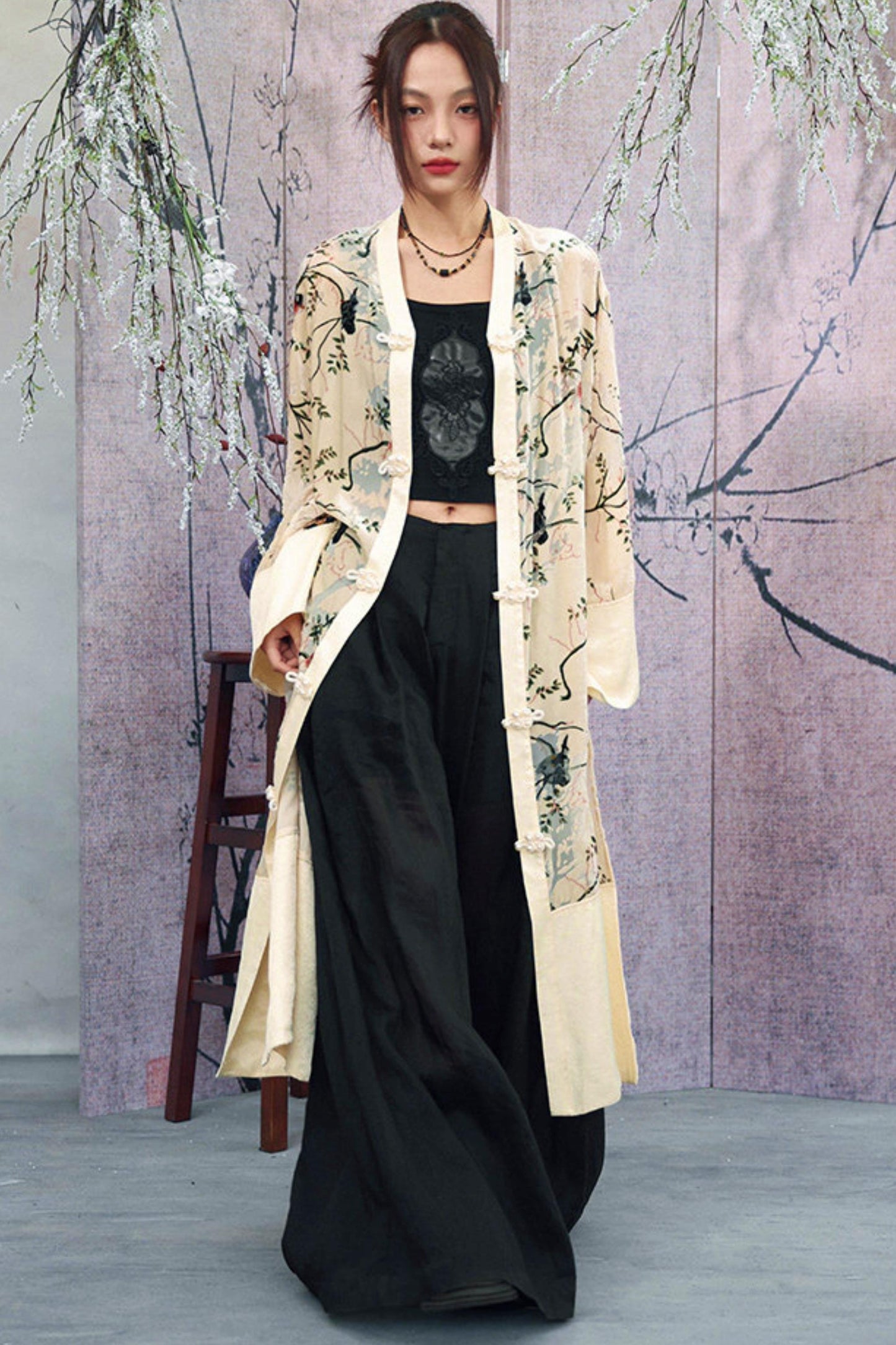 Floral Print Sheer Satin Chinese-Style Long Cardigan