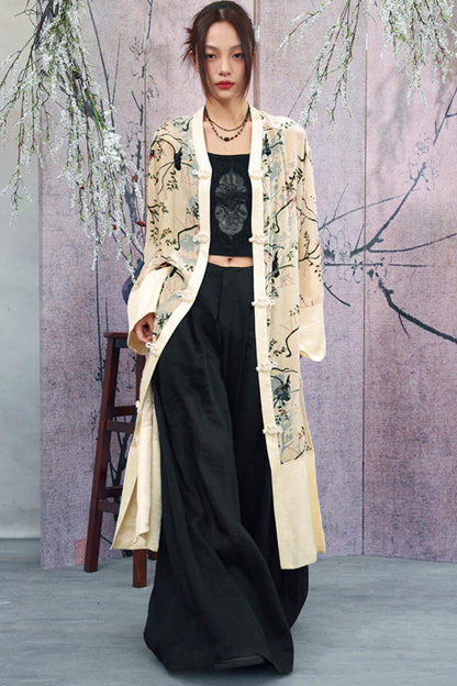 Floral Print Sheer Satin Chinese-Style Long Cardigan