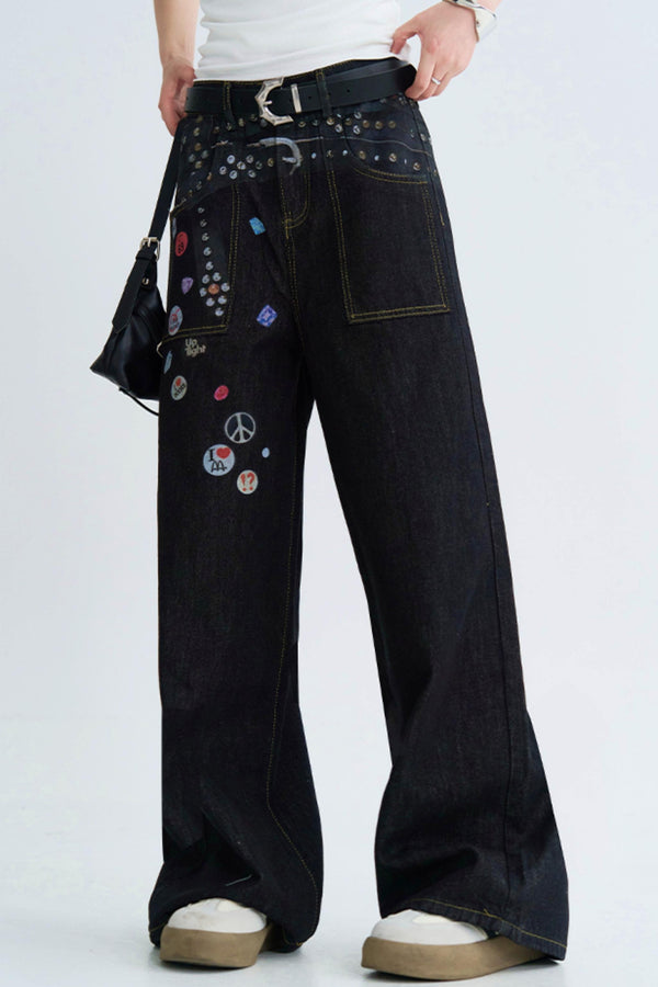 Retro Print Straight Leg Denim Pants