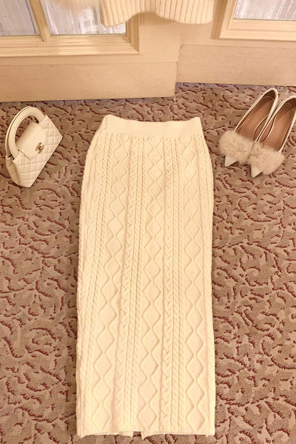 Fox Fur Trim Cape Sweater + Twisted Knit Bodycon Skirt