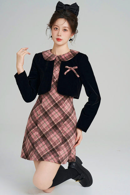 French Retro Plaid Doll Collar Dress