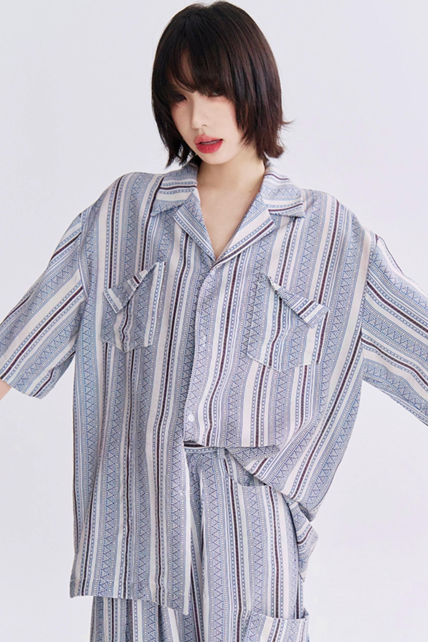 レトロプリントショートスリーブシャツセットアップ