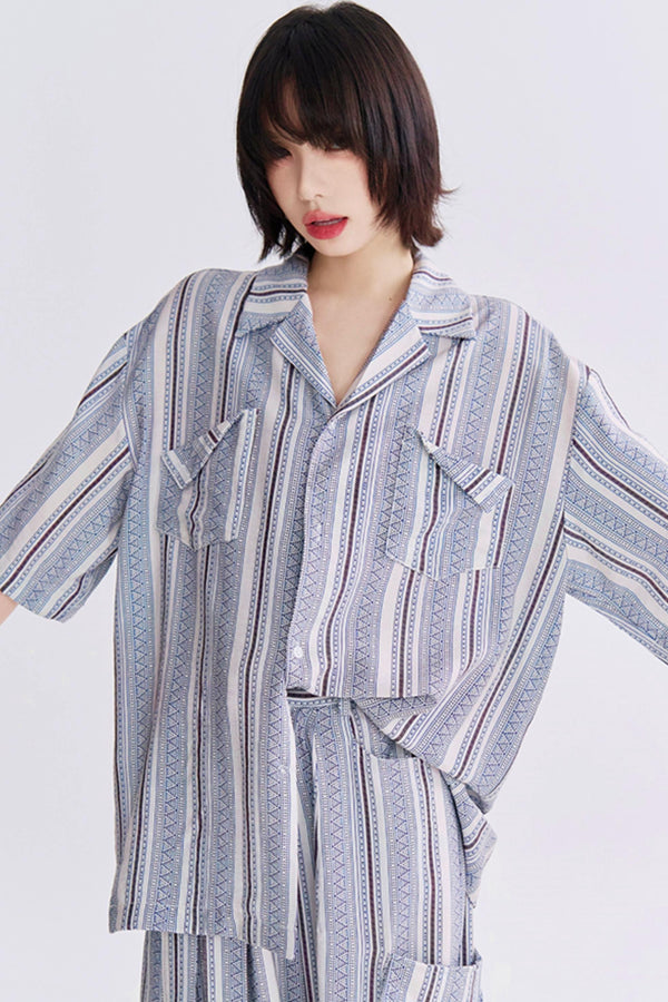 レトロプリントショートスリーブシャツセットアップ