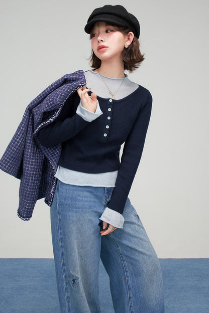 カジュアルコントラストタイトトップス