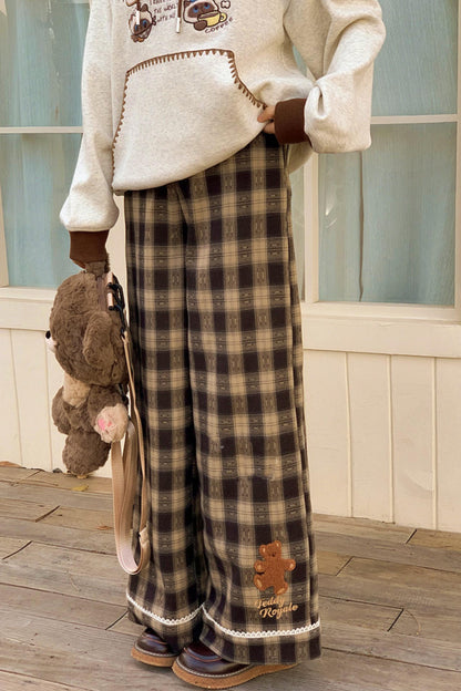 Fleece-Lined Wide Plaid Pants