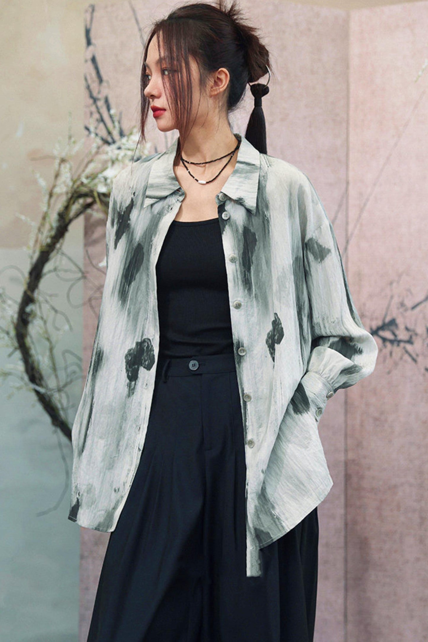Gray Gradient Print Blouse + Easy Pants
