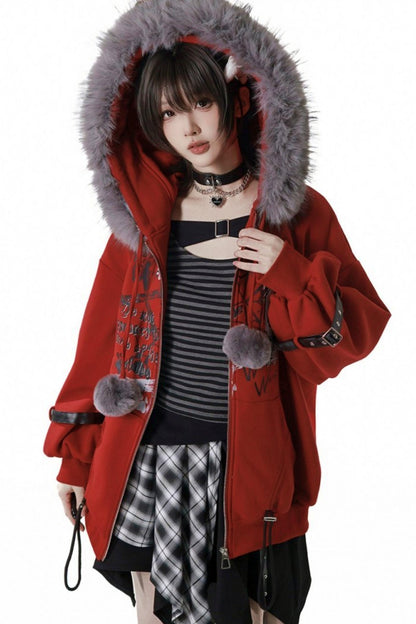 Red Furry Fleece Jacket + Top + Skirt + Accessories