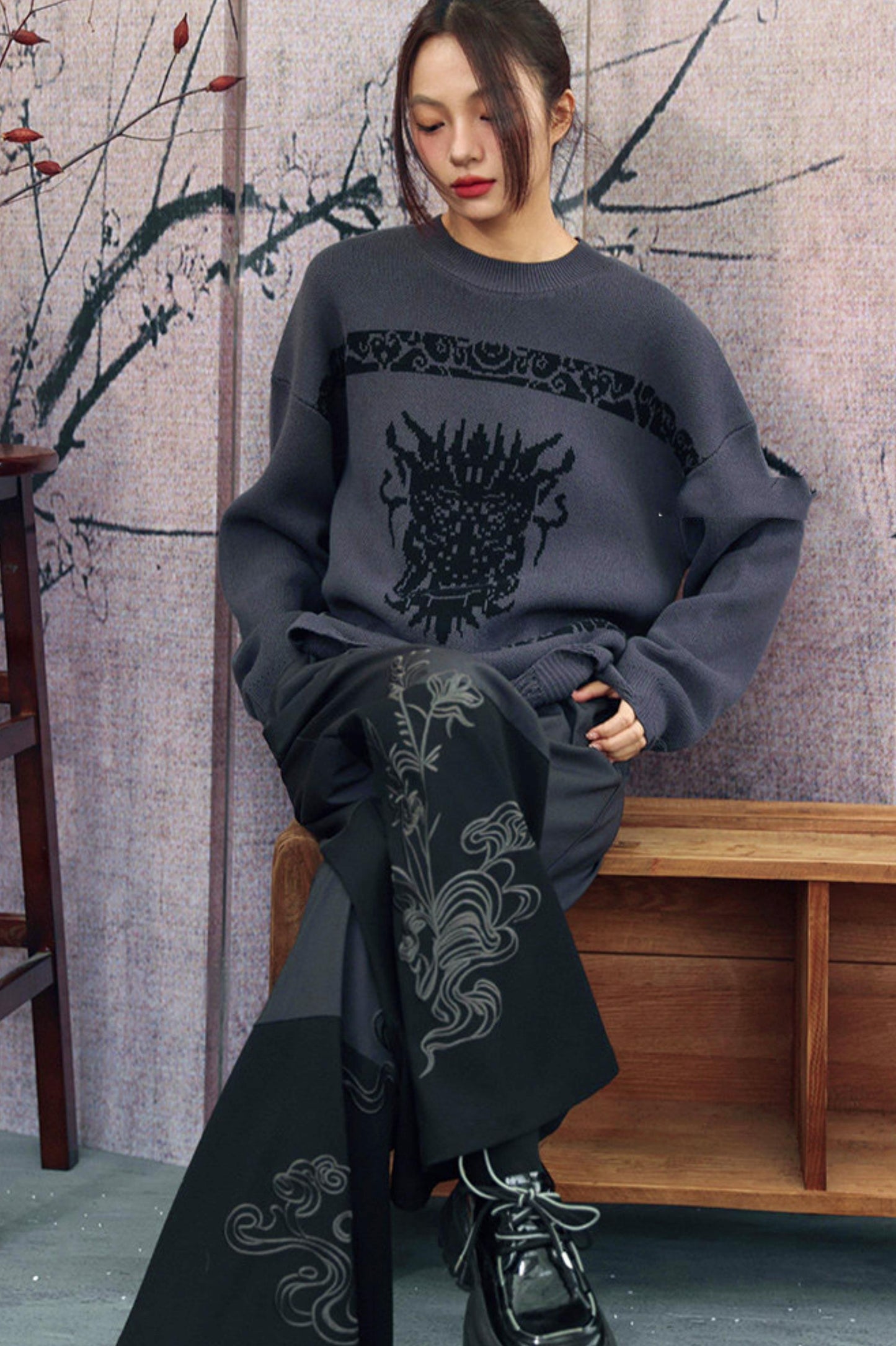 Gray x Black Embroidered High-Waist Wide-Leg Pants
