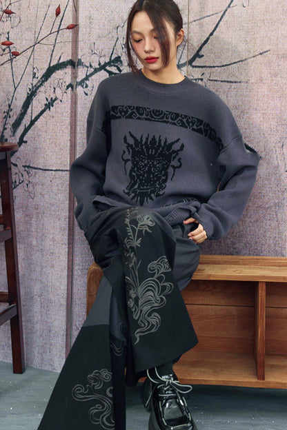 Gray x Black Embroidered High-Waist Wide-Leg Pants