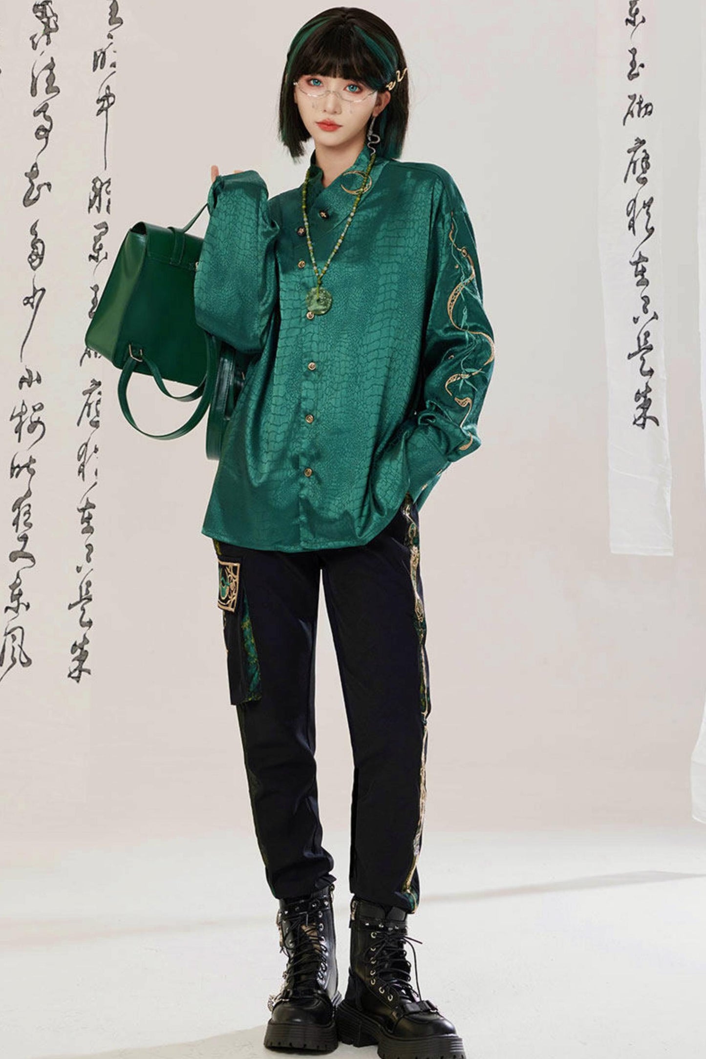 Jade Moon Dragon Embroidered Chinese Shirt + Moon Pocket Pants