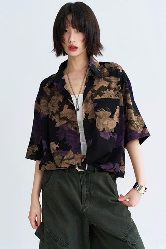 Retro Flower Print Loose Fit Shirt
