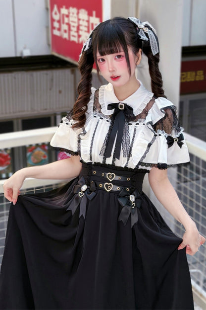 Elegant Lace Dark Kawaii Blouse + Heart Ring Long Skirt