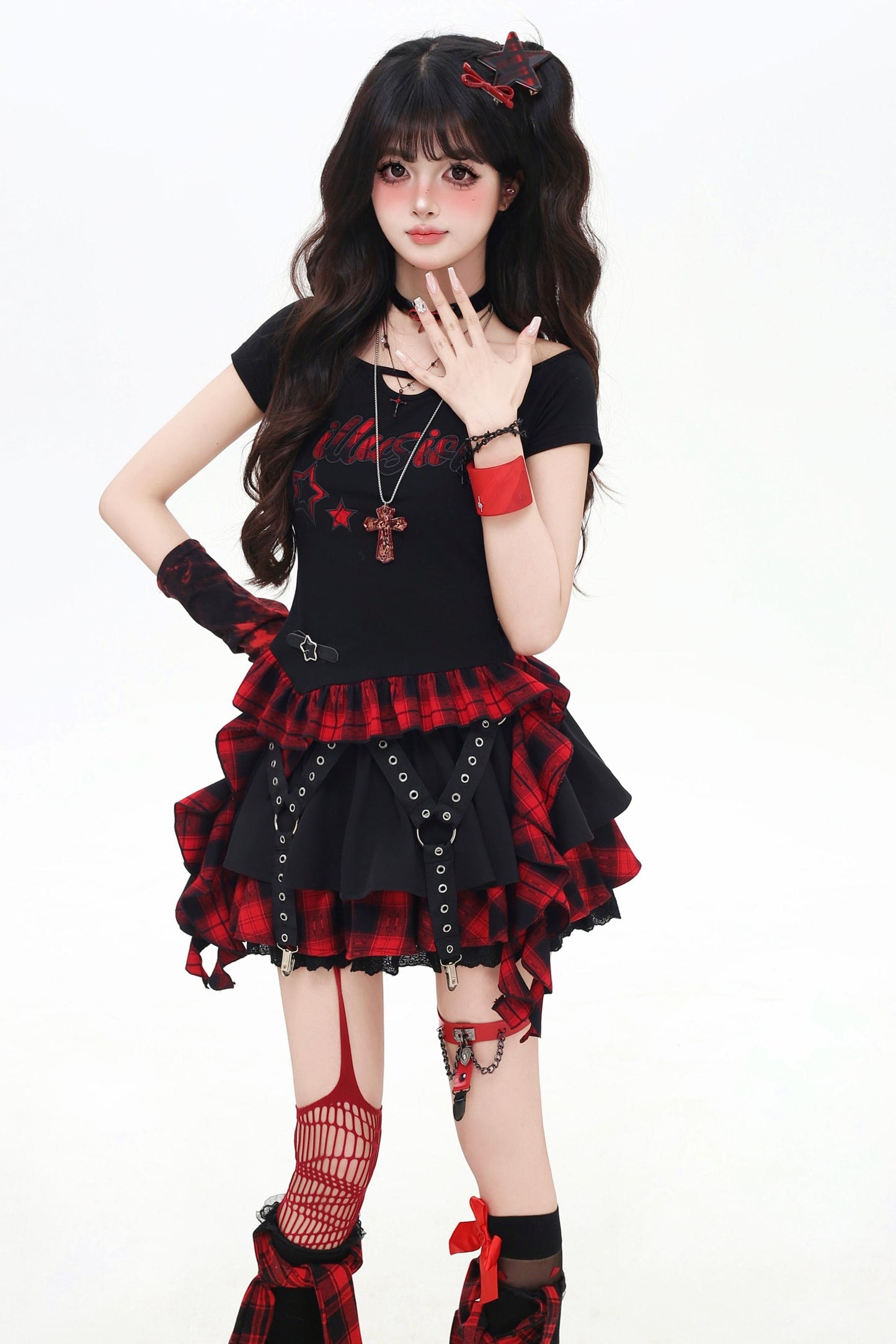 チェックリボンスリムTシャツセットアップ