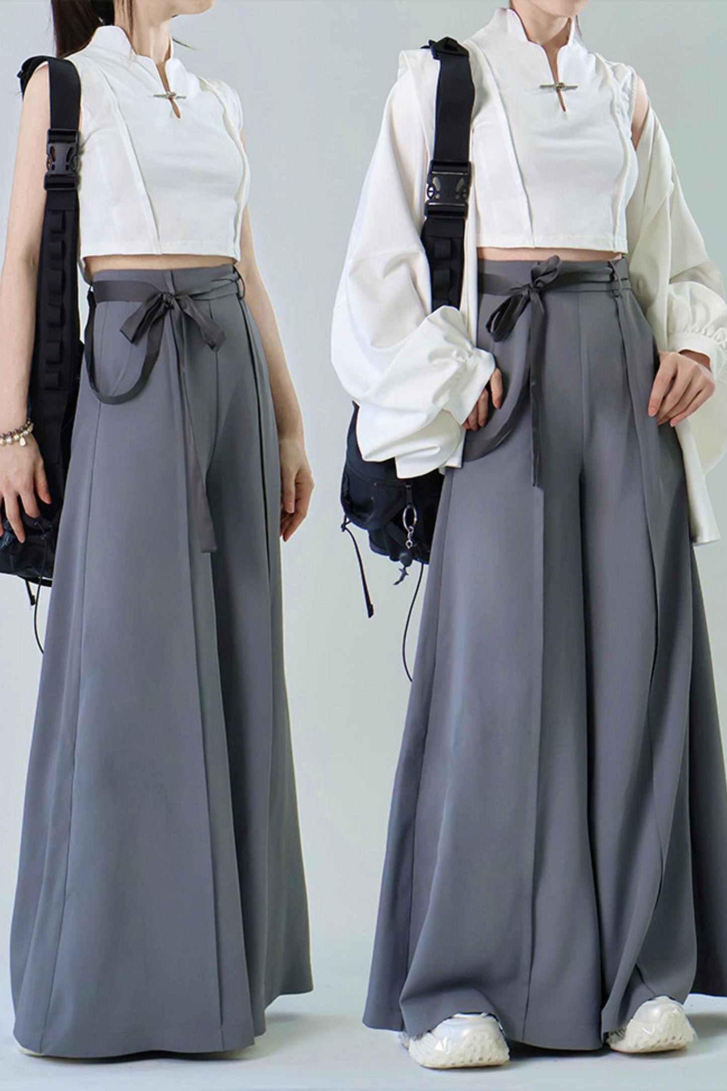 [Pre-order] Black/Beige/Gray Cyber Chinese-Style Wide-Leg Pants