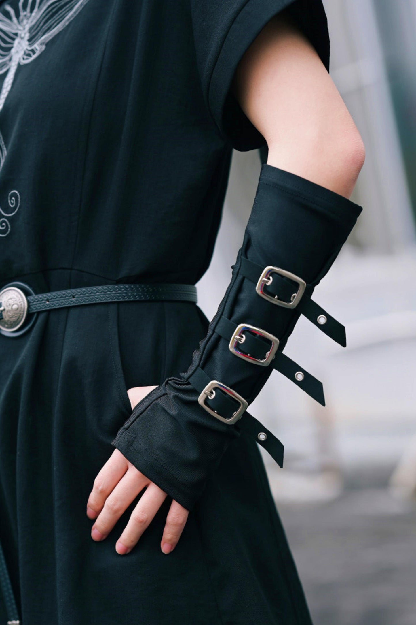 Black Dark Fantasy Metal Buckle Arm Covers (Fingerless Gloves)