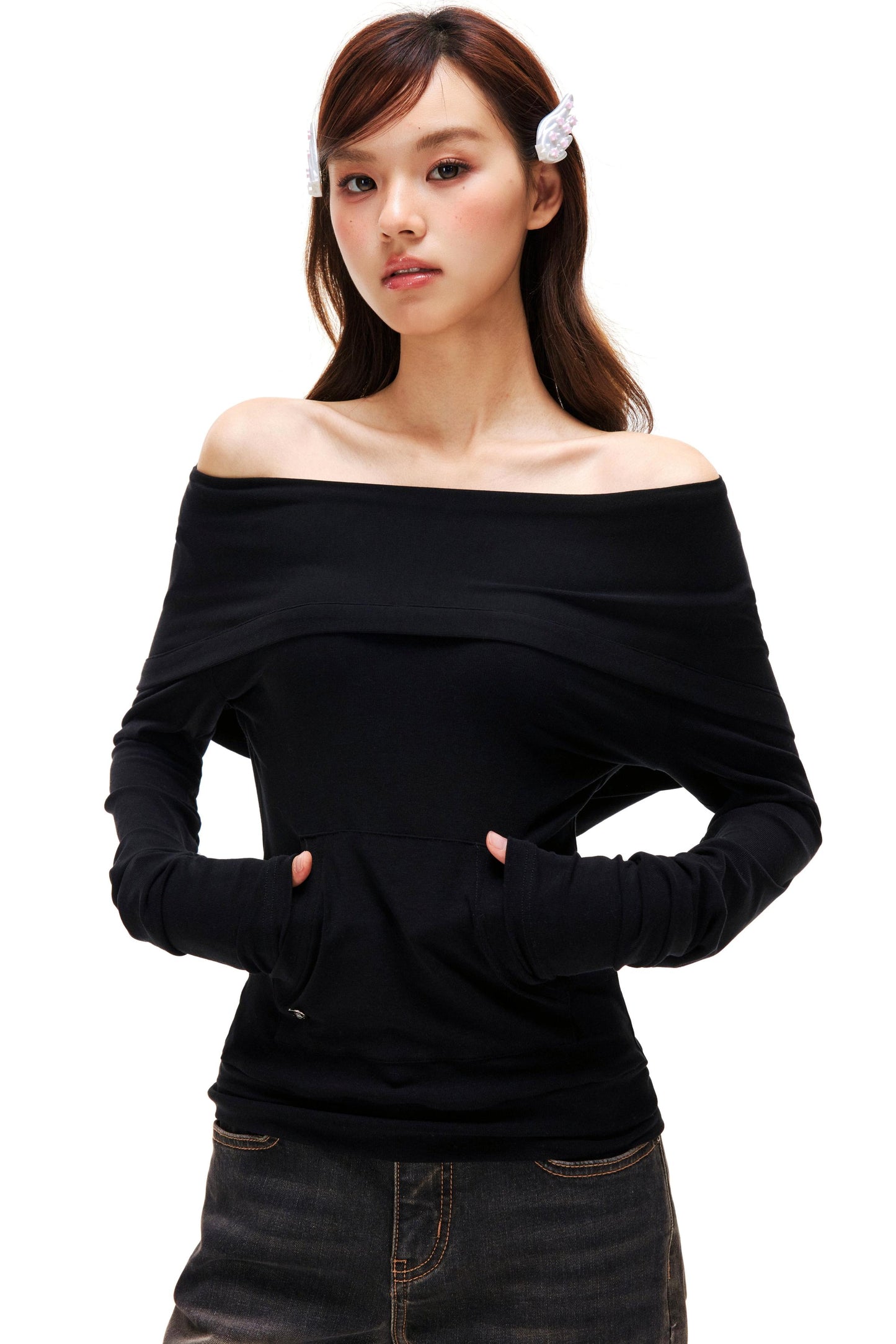 Off-Shoulder Slimming Hoodie Top