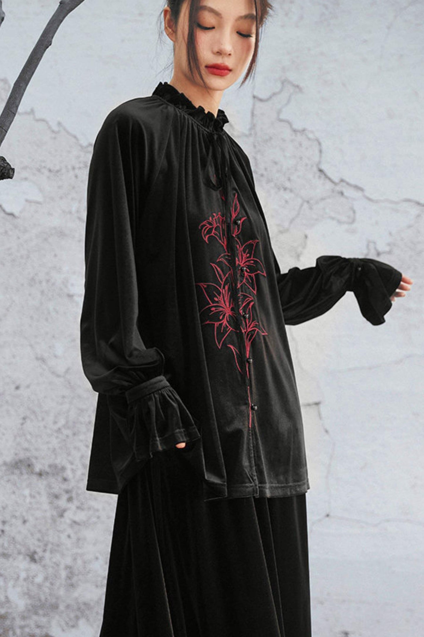 Black Velvet Lily Embroidered Blouse