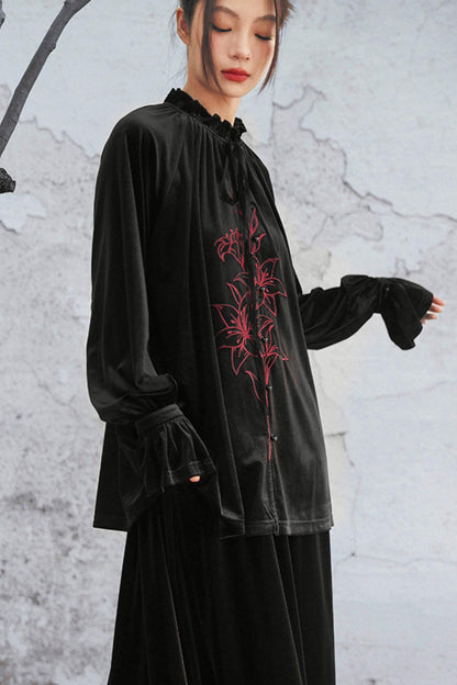 Black Velvet Lily Embroidered Blouse