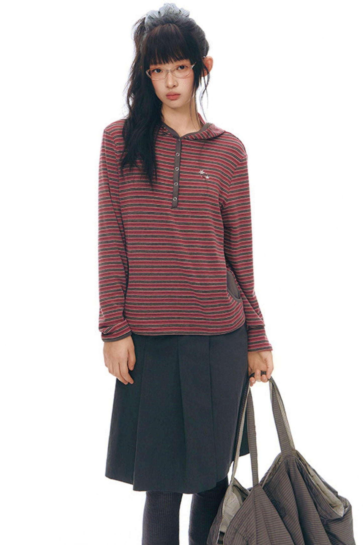 ストライプドフーデッドニットトップス