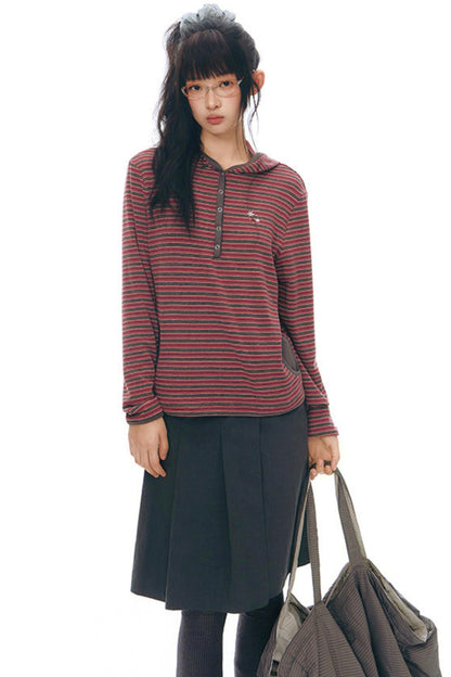 ストライプドフーデッドニットトップス