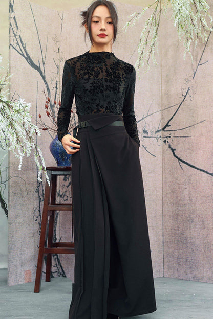 Schwarzes florales transparentes Rüschen-Oberteil im dunklen Mode-Stil