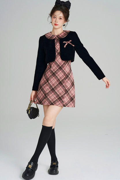 French Retro Plaid Doll Collar Dress