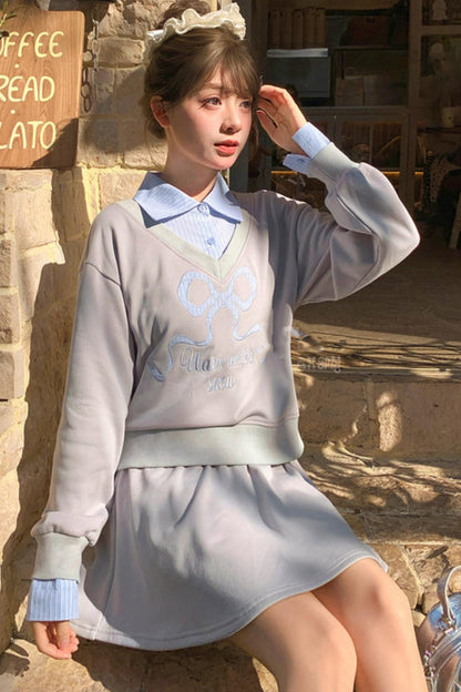 Ribbon Sweatshirt Top + Skirt