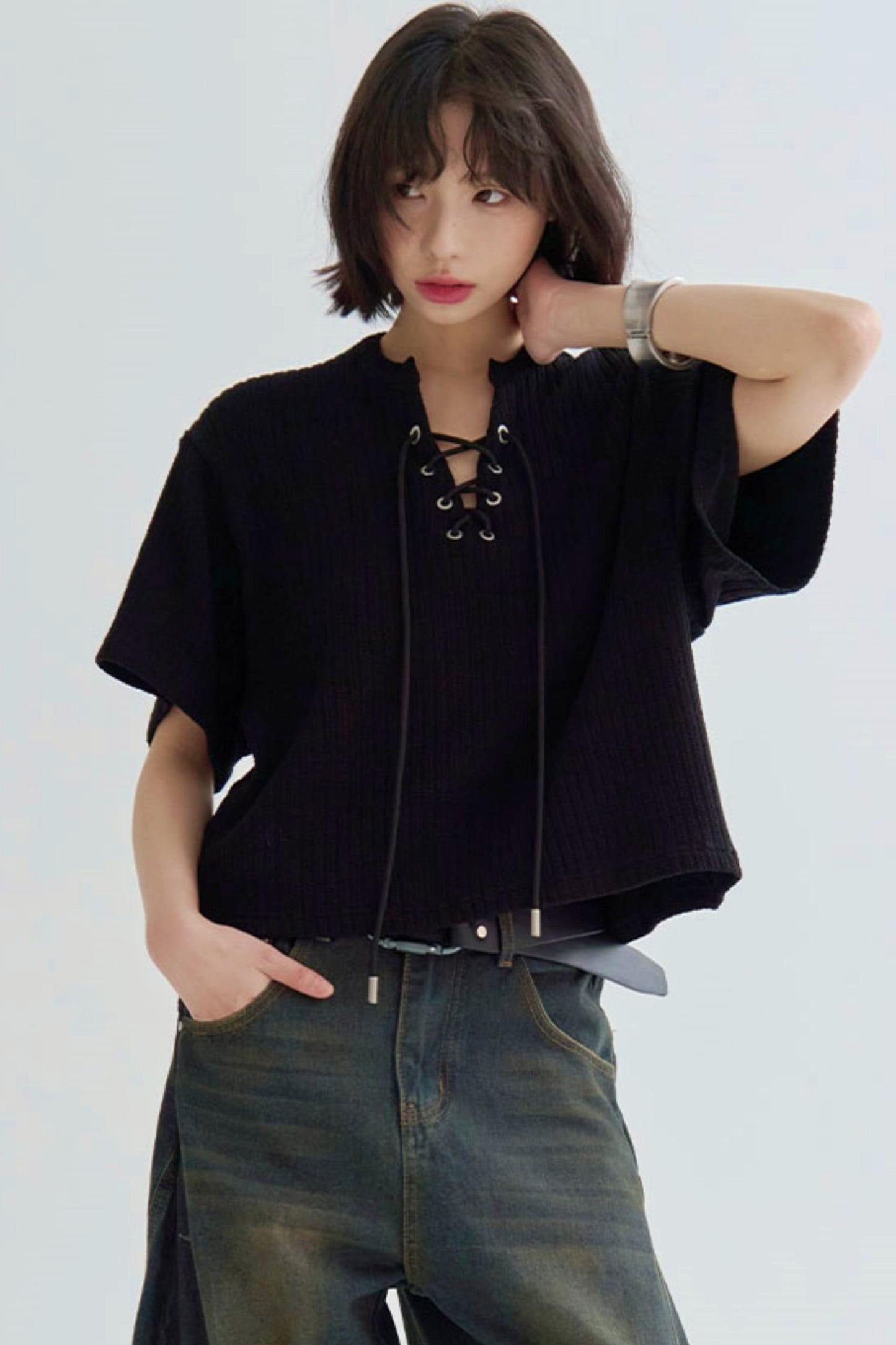V-Neck Loose Fit Knit T-Shirt