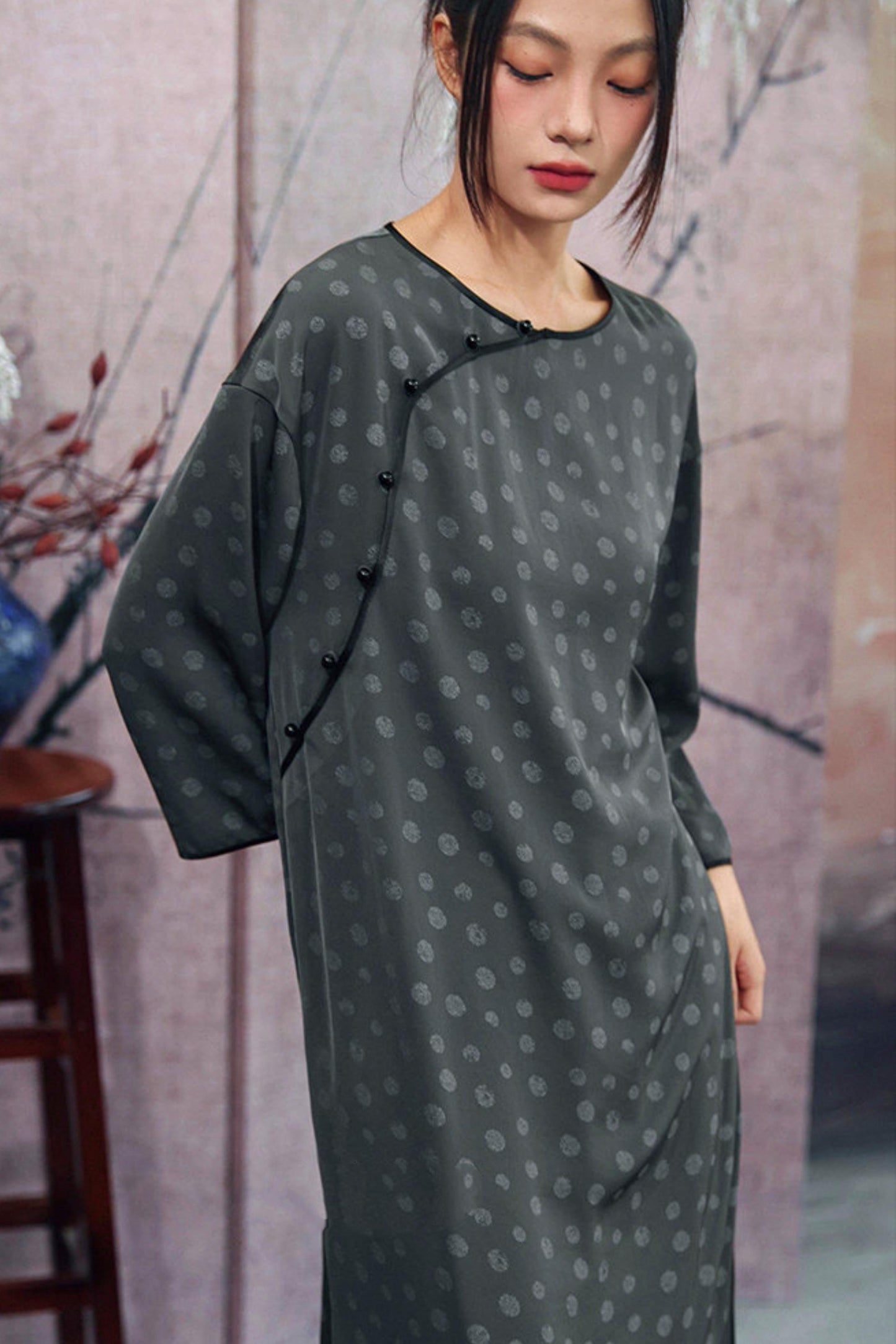 Dot Print Chinese Slit Long Dress