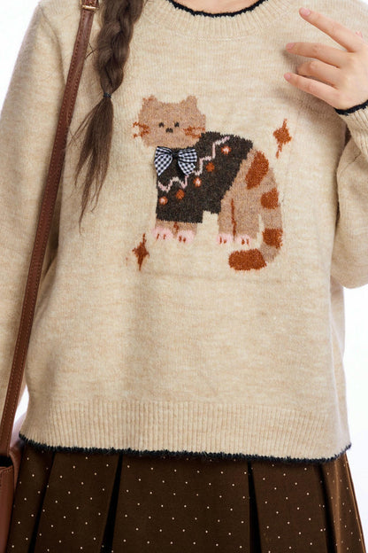 キャットジャカードカラーブロックセーター