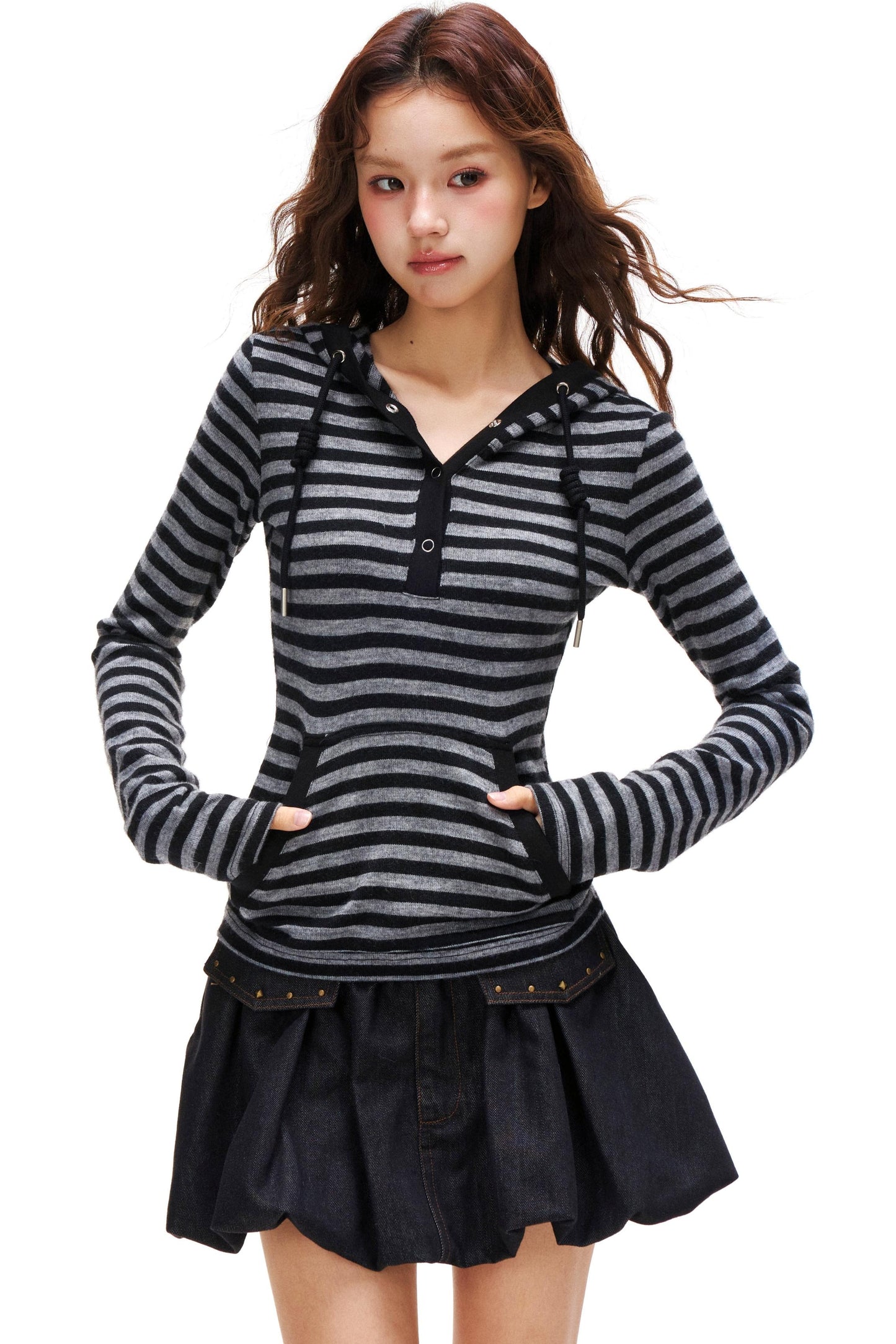 ボーダーフードスリムトップス